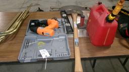 2 BLADED AXE, LEVEL, MORTAR BOARD, TROWEL, 2 1/2 GAL. JUG, & CHICAGO ELEC. 16 .8 VOLT CORDLESS DRILL