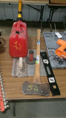2 BLADED AXE, LEVEL, MORTAR BOARD, TROWEL, 2 1/2 GAL. JUG, & CHICAGO ELEC. 16 .8 VOLT CORDLESS DRILL