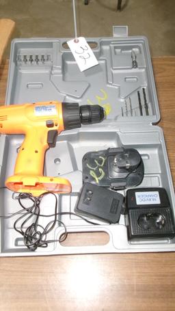 2 BLADED AXE, LEVEL, MORTAR BOARD, TROWEL, 2 1/2 GAL. JUG, & CHICAGO ELEC. 16 .8 VOLT CORDLESS DRILL