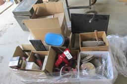 PALLET OF MISC. FILTERS, PULLEYS, BUSHINGS, MONITOR & KEYBOARD, & MORE