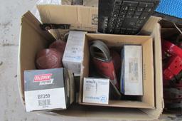 PALLET OF MISC. FILTERS, PULLEYS, BUSHINGS, MONITOR & KEYBOARD, & MORE
