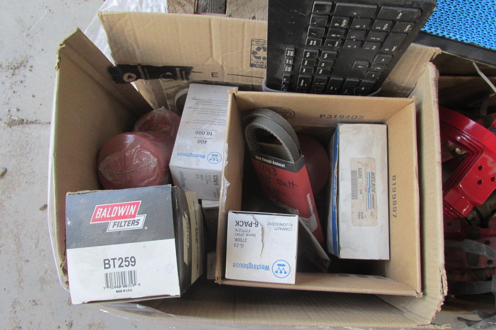 PALLET OF MISC. FILTERS, PULLEYS, BUSHINGS, MONITOR & KEYBOARD, & MORE