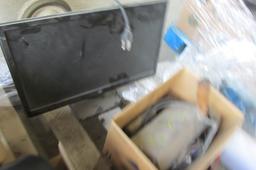 PALLET OF MISC. FILTERS, PULLEYS, BUSHINGS, MONITOR & KEYBOARD, & MORE