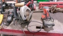 CORDED TOOLS: BLACK & DECKER SANDER, DEWALT 1/2" DRILL, CRAFTSMAN ROUTER & SKIL SAW, 3-4" GRINDERS,+
