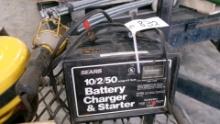 SEARS BATTERY CHARGER, RETRACTABLE KIGHT & EXTENSION CORDS, & SHOP LIGHT