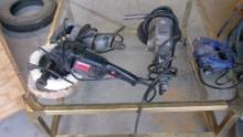 CORDED TOOLS: MILWAUKEE 1/2" DRILL, BENCH TOP JIG SAW, LARGE GRINDER, 2 MALLETS, & CRAFTSMAN BUFFER
