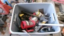 TOTE OF MISC.:  EAR PROTECTERS, NEW BEARING GREASER,HYD. JACK, MALLETS, NEW ICE