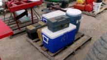 2-COOLERS, LARGE IGLOO WATER COOLER, EMPTY TACKLE BOX, & 2 EMPTY PLASTIC TOOL  BOXES