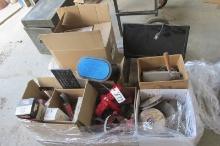 PALLET OF MISC. FILTERS, PULLEYS, BUSHINGS, MONITOR & KEYBOARD, & MORE