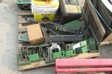 2-JOHN DEERE TOOL BOXES, GREEN HITCHES, CYLINDER PINS, 16 SHANK CLAMPS, 2-15" WING EXTENSIONS, +