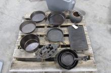 CAST IRON COOK WARE: FRYING PANS, GRILL, TEA KETTLE, DUTCH OVEN, & OVAL PAN w / ornate lid