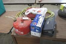 2 1/2 GALLON GAS JUG, REBUILT STARTER, CYLINDER HONE PARTS, SPARK PLUGS,  & 2 AIR HOSES