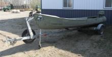 GRUMMAN 14' SQUARE STERN ALUMINUM CANOE w / SMALL OUTBOARD, includes EZ LOADER