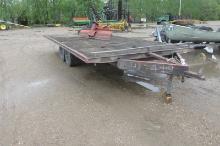 8' x 20' TANDEM AXLE FLATBED, wood deck, 7-14.5 tires w / spare, ball hitch, current lic. In office