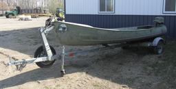 GRUMMAN 14' SQUARE STERN ALUMINUM CANOE w / SMALL OUTBOARD, includes EZ LOADER