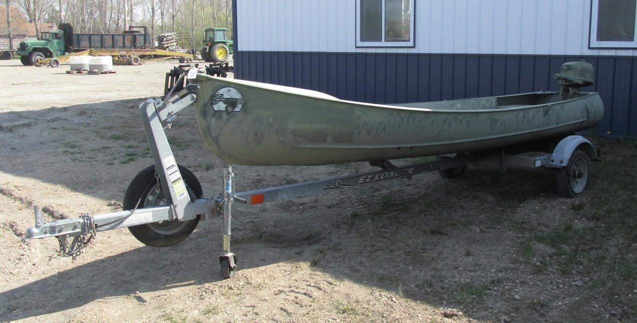 GRUMMAN 14' SQUARE STERN ALUMINUM CANOE w / SMALL OUTBOARD, includes EZ LOADER