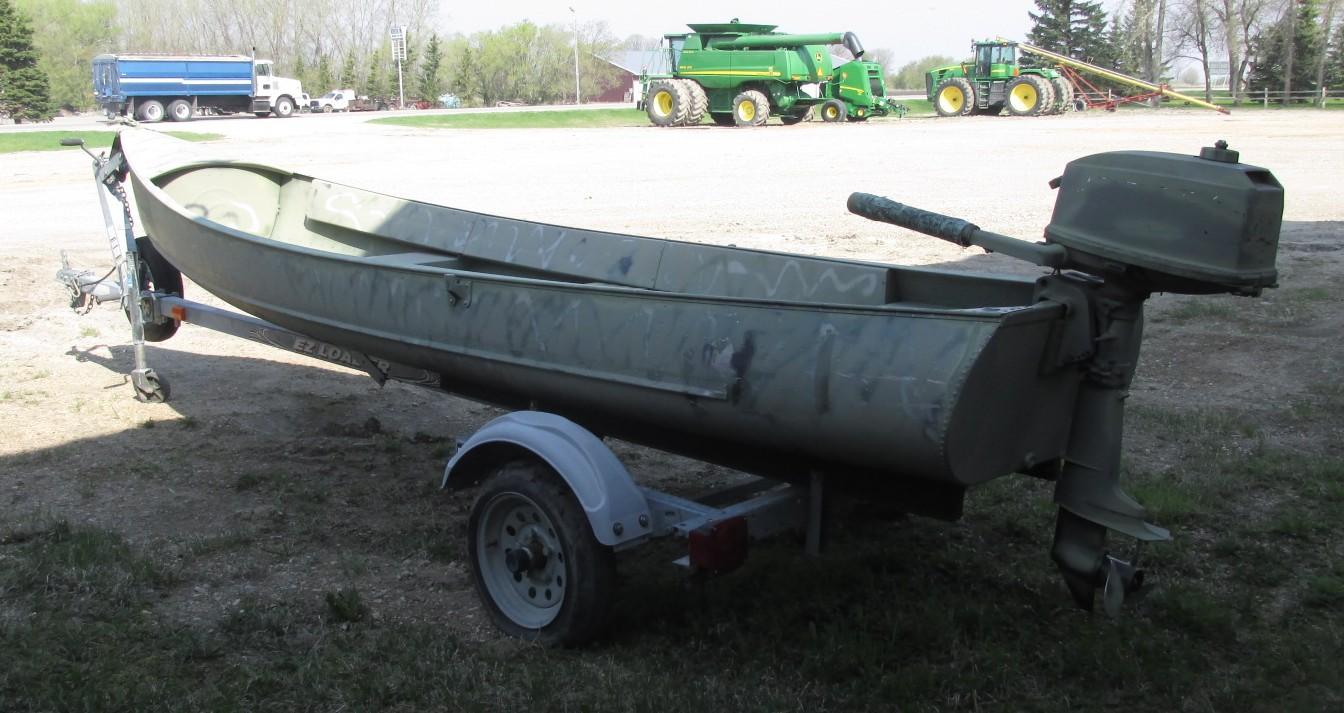 GRUMMAN 14' SQUARE STERN ALUMINUM CANOE w / SMALL OUTBOARD, includes EZ LOADER