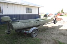 GRUMMAN 14' SQUARE STERN ALUMINUM CANOE w / SMALL OUTBOARD, includes EZ LOADER