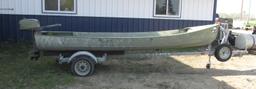 GRUMMAN 14' SQUARE STERN ALUMINUM CANOE w / SMALL OUTBOARD, includes EZ LOADER