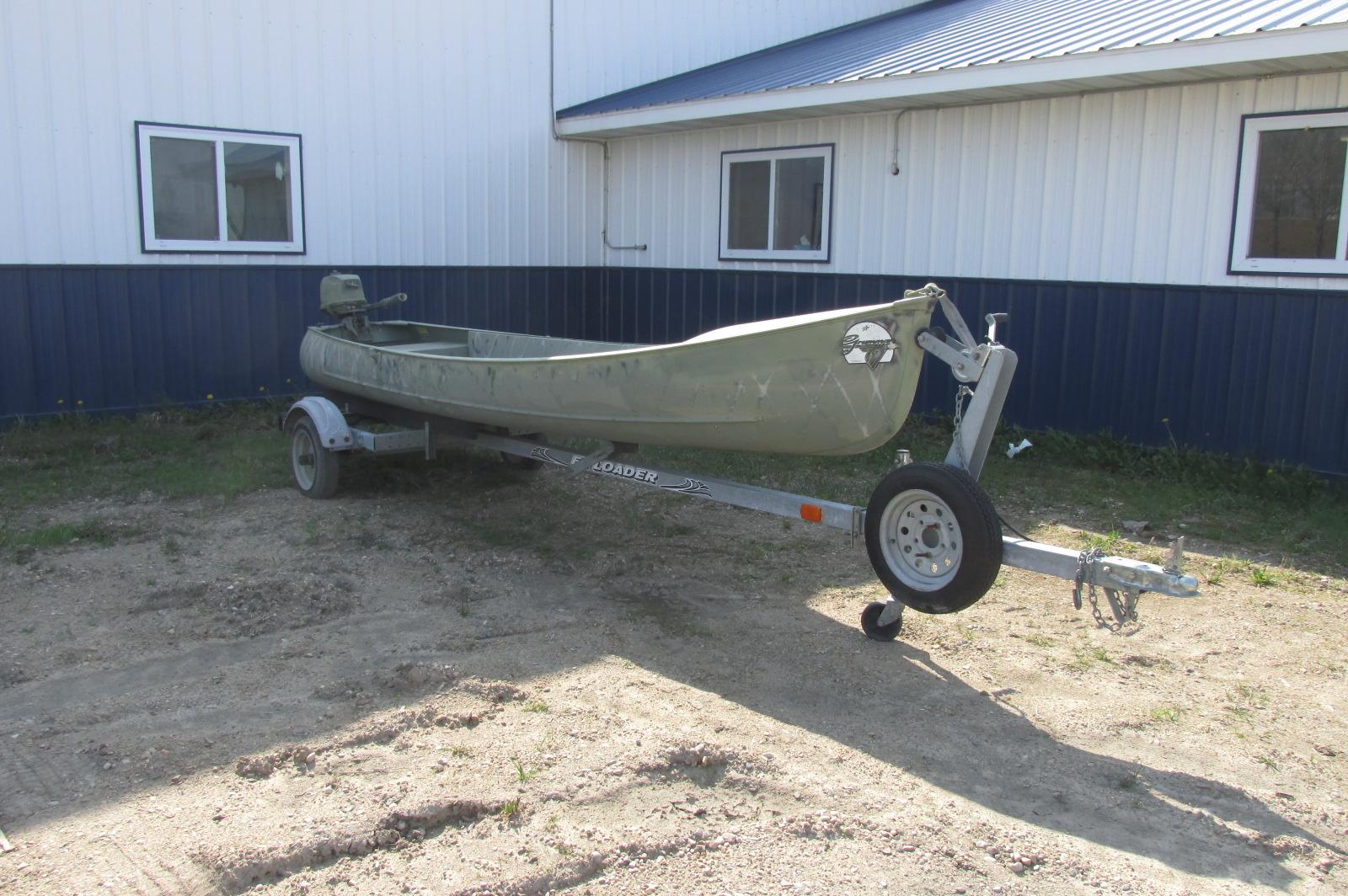 GRUMMAN 14' SQUARE STERN ALUMINUM CANOE w / SMALL OUTBOARD, includes EZ LOADER