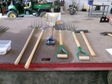 DOUBLE BLADED AXE, LONG HANDLED GARDEN SPADING FORK, LONG HANDLED ROUND