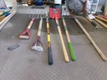 4, 5 & 6 TINE FORKS, GARDEN SPADING FORK, LONG HANDLED SPADE, & SQ. NOSED SHOVEL, +