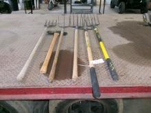 DOUBLE BLADED AXE, 5 HAY FORKS, LONG HANDLED GARDEN SPADE