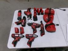 MILWAUKEE CORDLESS TOOLS: 2-DRILLS, 2- IMPACT DRIVERS, LIGHT, RECIPROCATING SAW, 3/8" IMPACT RACHET,
