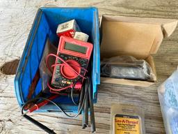 Multimeter, Light Hose, Save-A-Thread Spark Plug Kit, & Tote of Misc Items