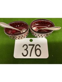 Cranberry Salts in Sterling Liners with Sterling Spoons