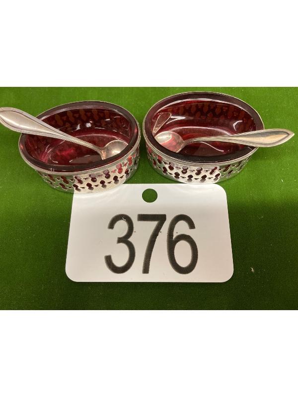 Cranberry Salts in Sterling Liners with Sterling Spoons