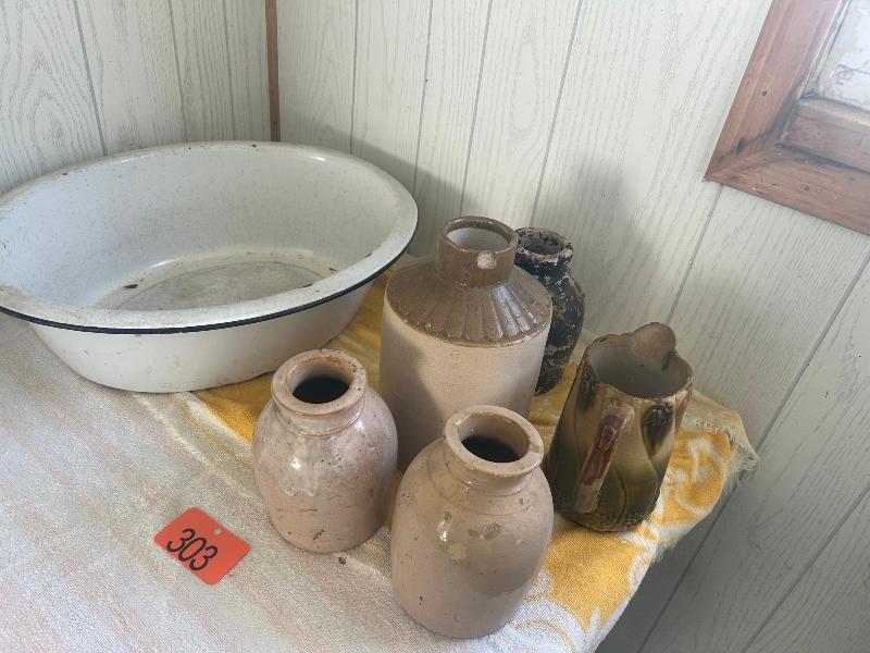 Granite Ware Basin & Various Old Jugs & Picture