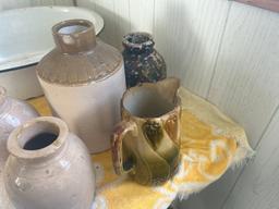 Granite Ware Basin & Various Old Jugs & Picture