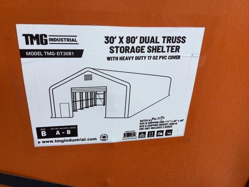 Unused TMG 30'x80' Dual Truss Storage Shelter With Heavy Duty 17oz PVC Cover