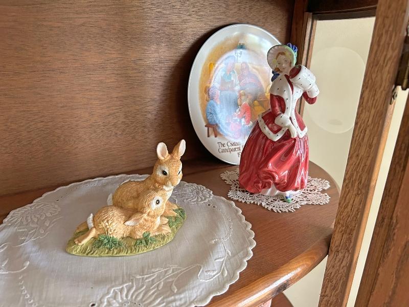 Contents of Oak Bow Front China Cabinet