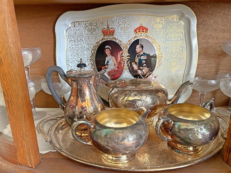 Contents of Oak Bow Front China Cabinet