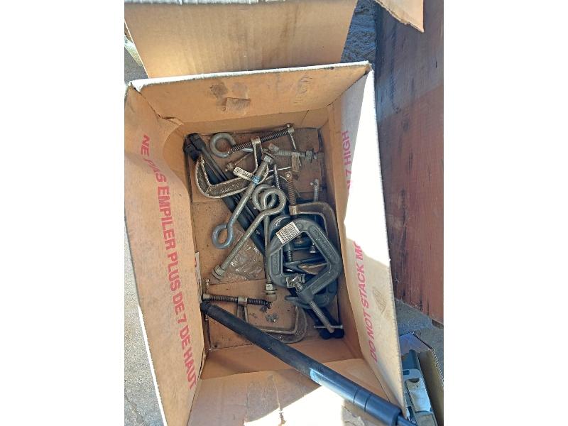 2 Boxes of Assorted Tools, C Clamps, Sockets, Etc.