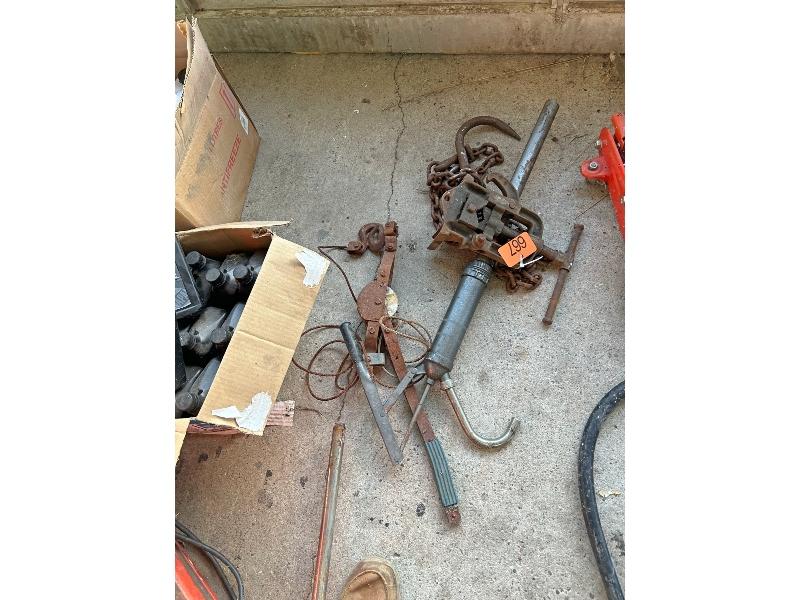 Chain With J Hook, Barrel Pump, Come Along & Pipe Vise