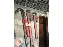 2 Ridgid Pipe Wrenches, Pry Bar & Nail Puller