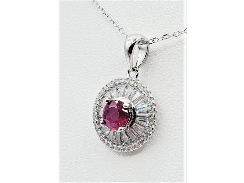 Sterling Silver Natural Enhanced Ruby (0.88ct) and CZ (1.21ct) With Sterling Silver Chain