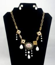 Costume Jewelry Gold-Tone Necklace w/ Milk Glass Beads