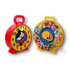 Vintage Mattel Disney-Pull String "See N Say" & Mickey Chatter Clock Toy Grouping