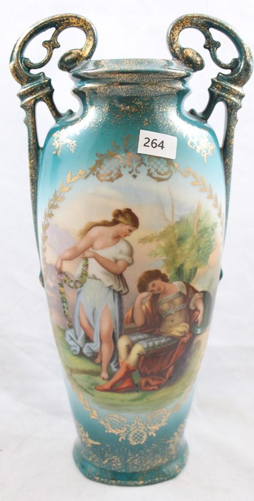 Pr. mrkd. Victoria Austria 11.5"h vases, Classical scenes by Kaufmann featured on both, blue shading