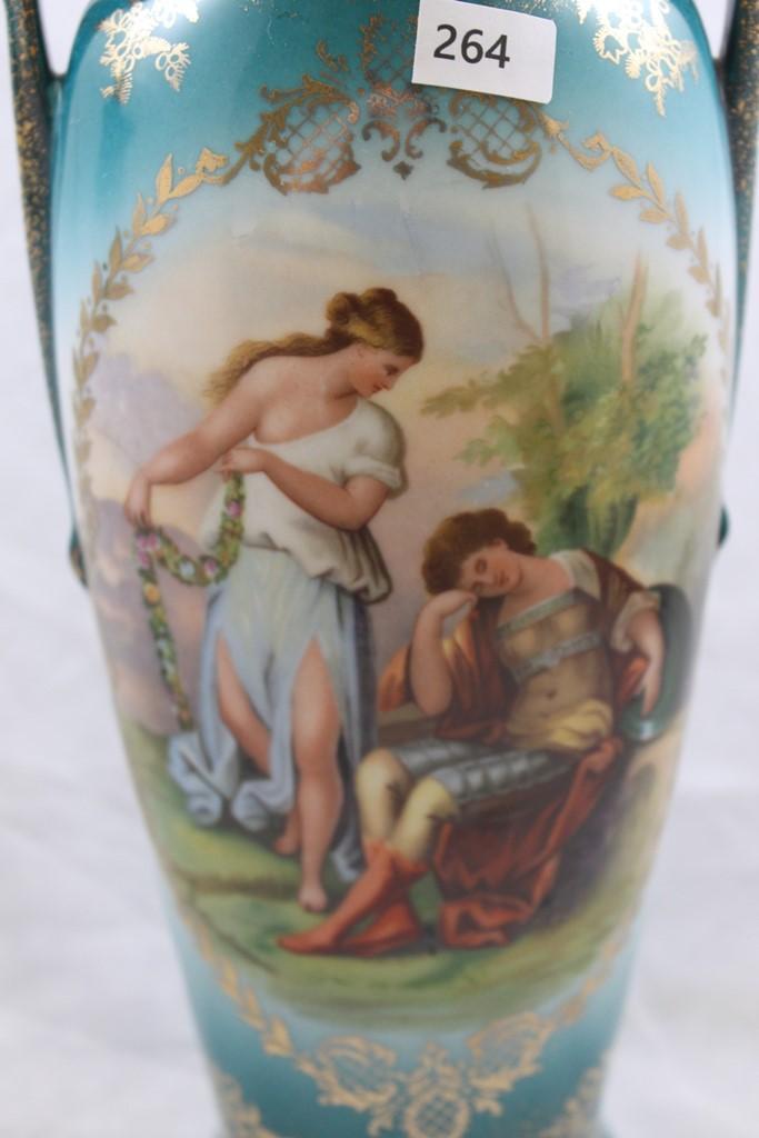 Pr. mrkd. Victoria Austria 11.5"h vases, Classical scenes by Kaufmann featured on both, blue shading