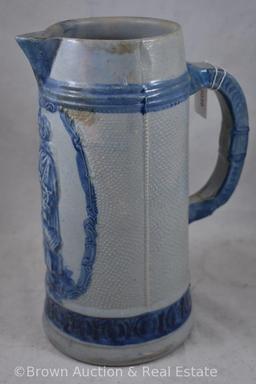 Stoneware salt glazed 10"h beer pitcher, , embossed monk drinking ale