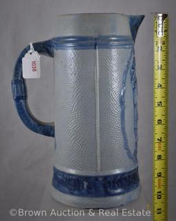 Stoneware salt glazed 10"h beer pitcher, , embossed monk drinking ale