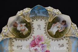 R.S. Prussia Mold 98 plate, floral center with Seasons featured in border medallions, red mark