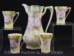 R.S. Prussia chocolate pot (missing lid) and (4) cups, red mark
