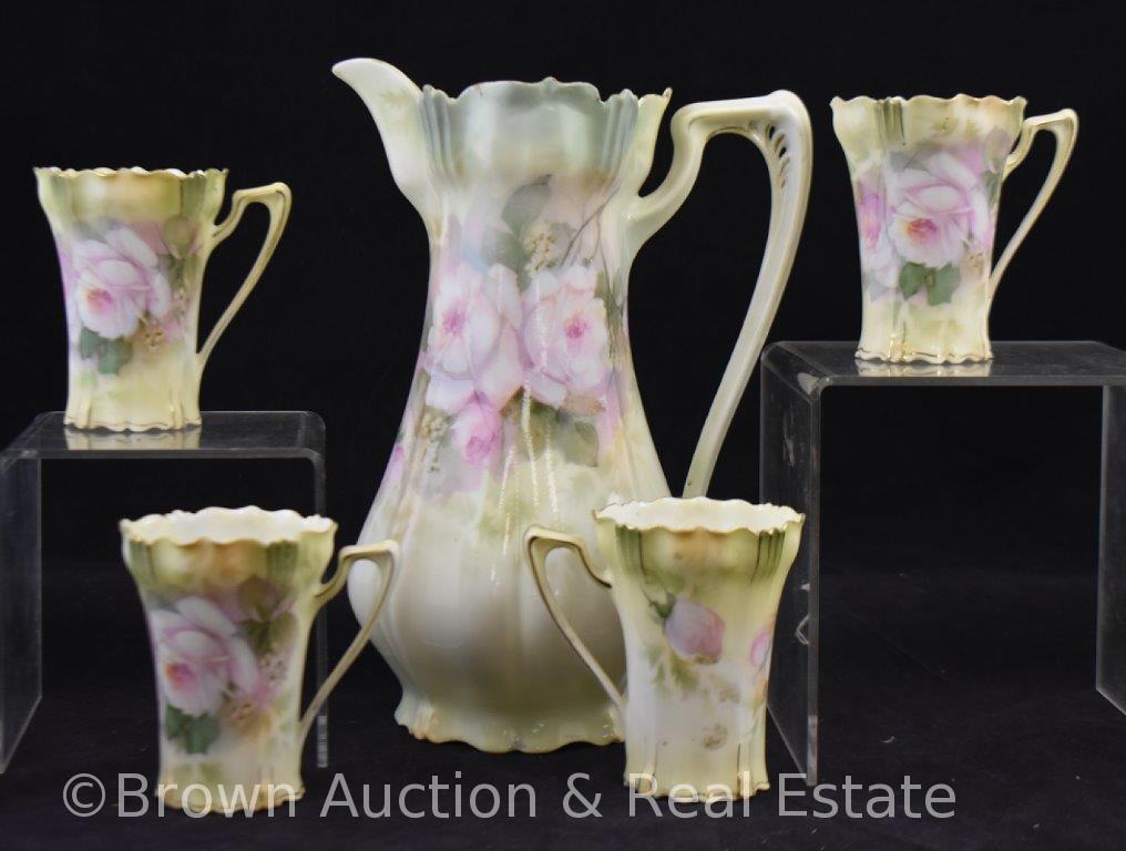 R.S. Prussia chocolate pot (missing lid) and (4) cups, red mark