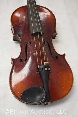 Violin in case, label inside "Bernard Kruezer, Schonbach/Bohemia, Reproduction"